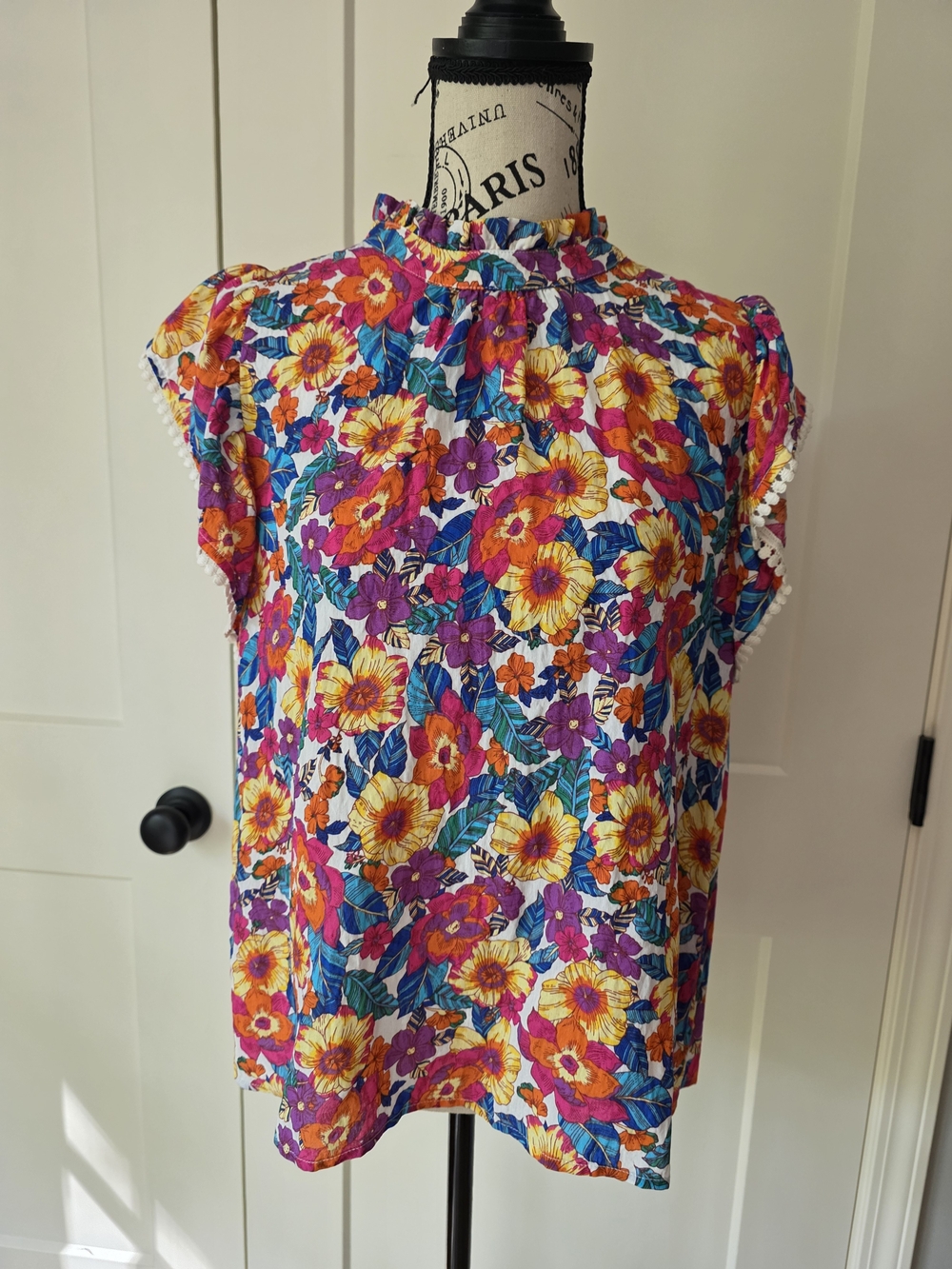 THML Bright Floral Ruffle Cap-Sleeve Blouse - Yellow, Purple, Pink, Blue